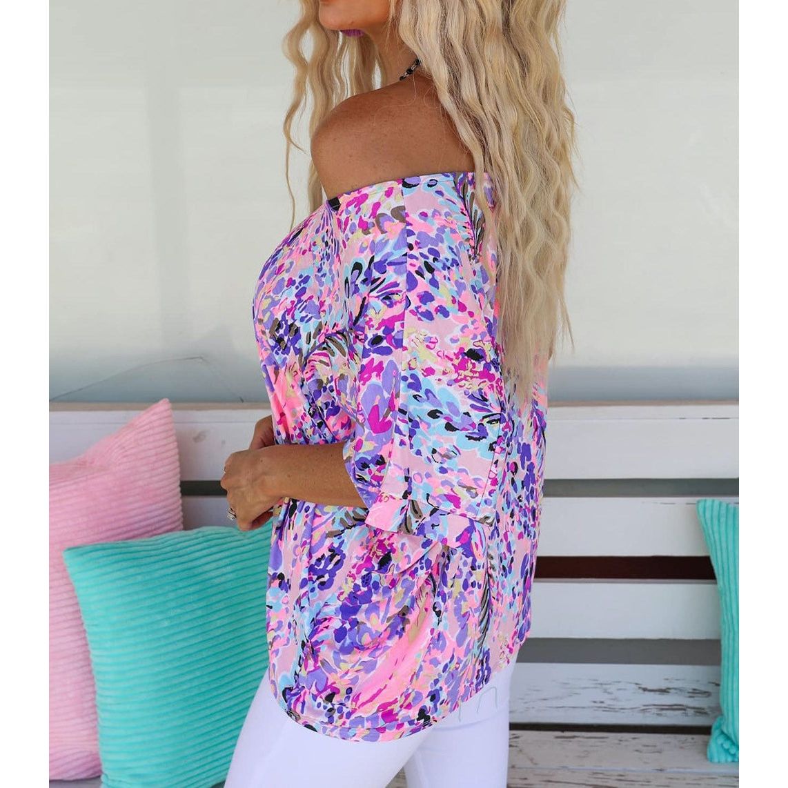 V Neck Short Sleeve Abstract Floral Top