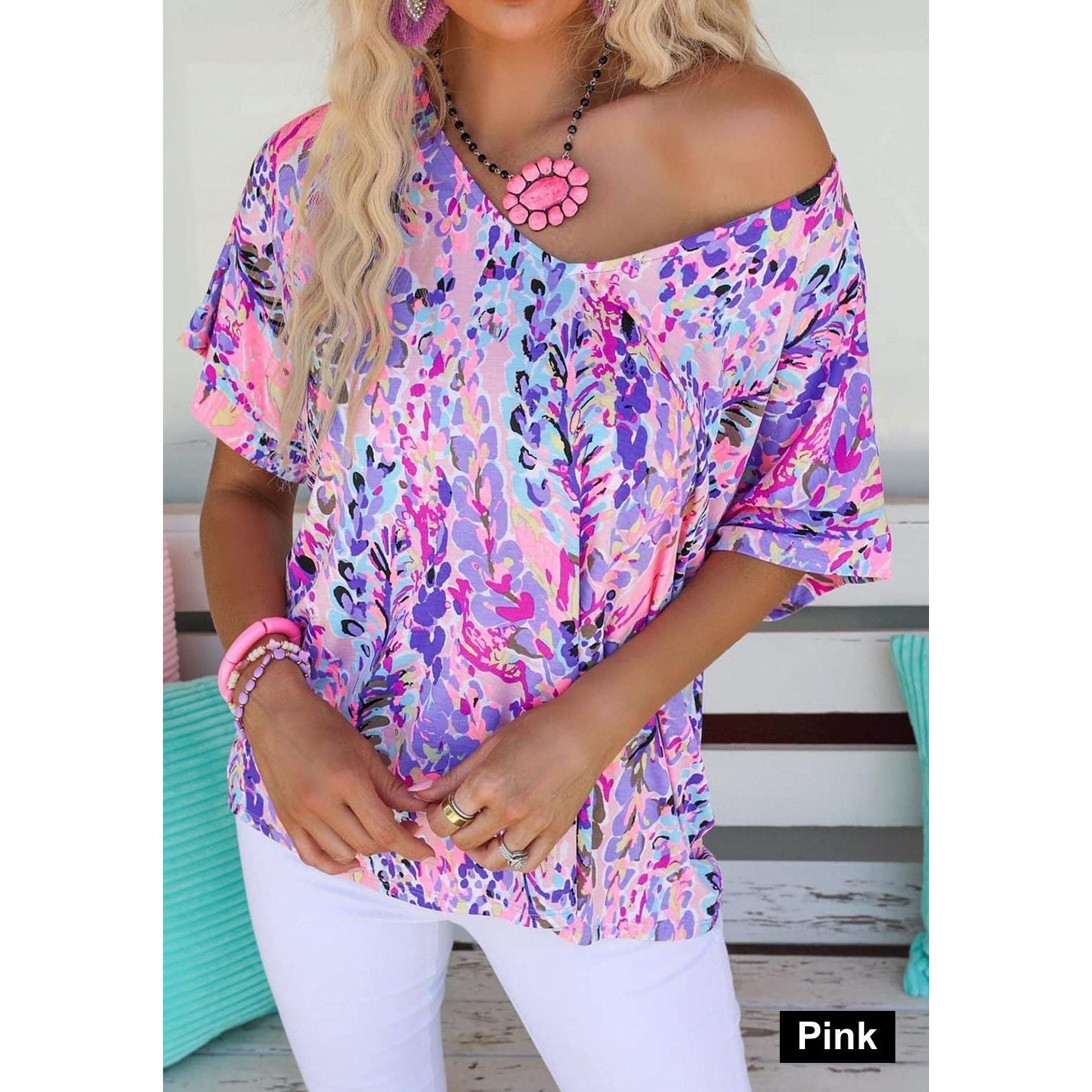V Neck Short Sleeve Abstract Floral Top