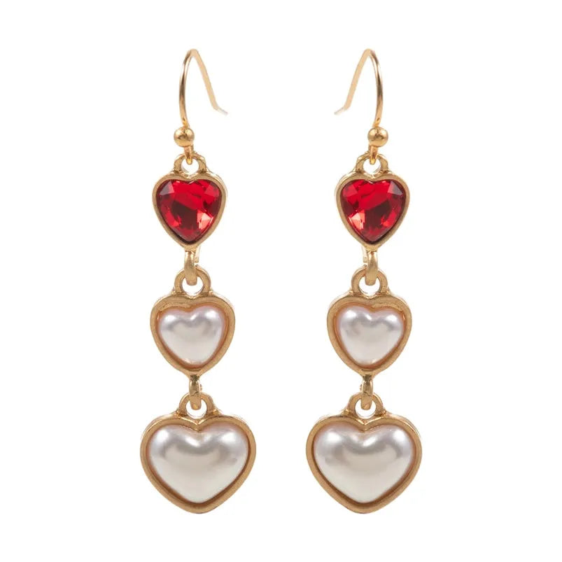 Valentine Heart Pearl Cabochon 3DROP Hook Earrings