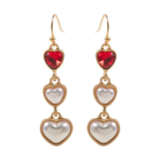 Valentine Heart Pearl Cabochon 3DROP Hook Earrings
