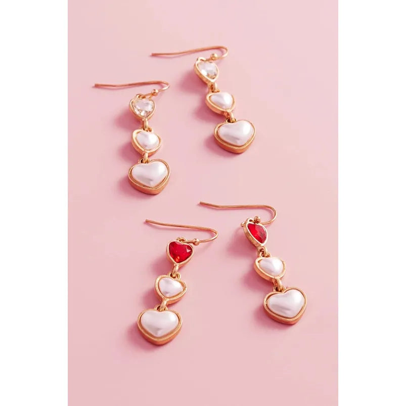 Valentine Heart Pearl Cabochon 3DROP Hook Earrings