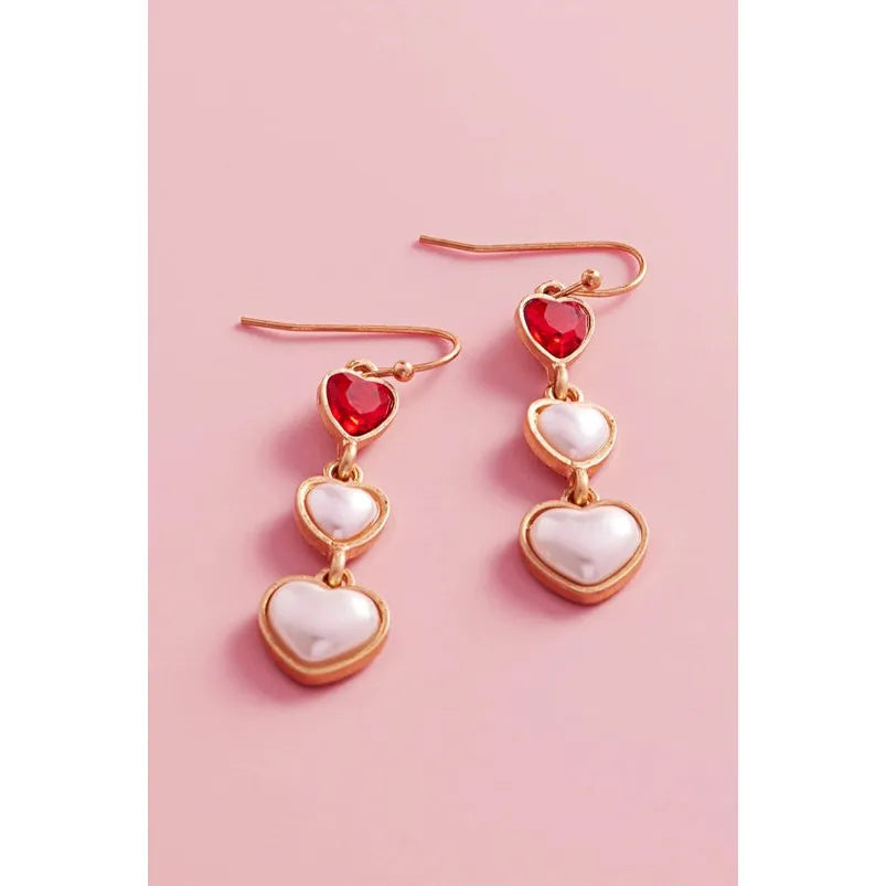 Valentine Heart Pearl Cabochon 3DROP Hook Earrings
