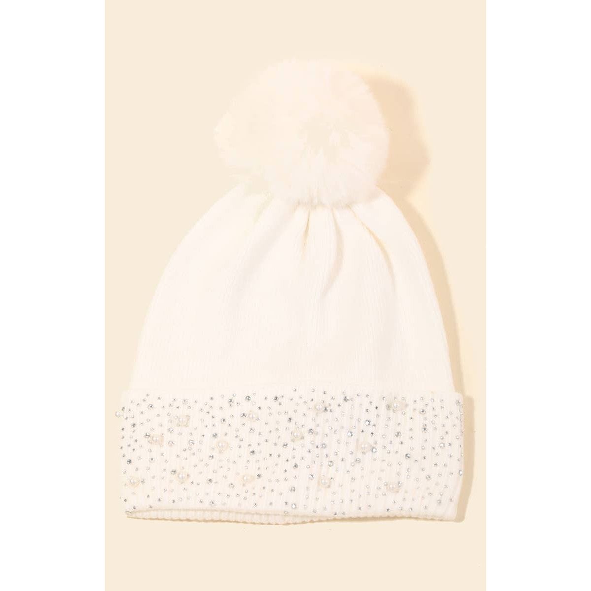Bejeweled Ribbed Pom Beanie