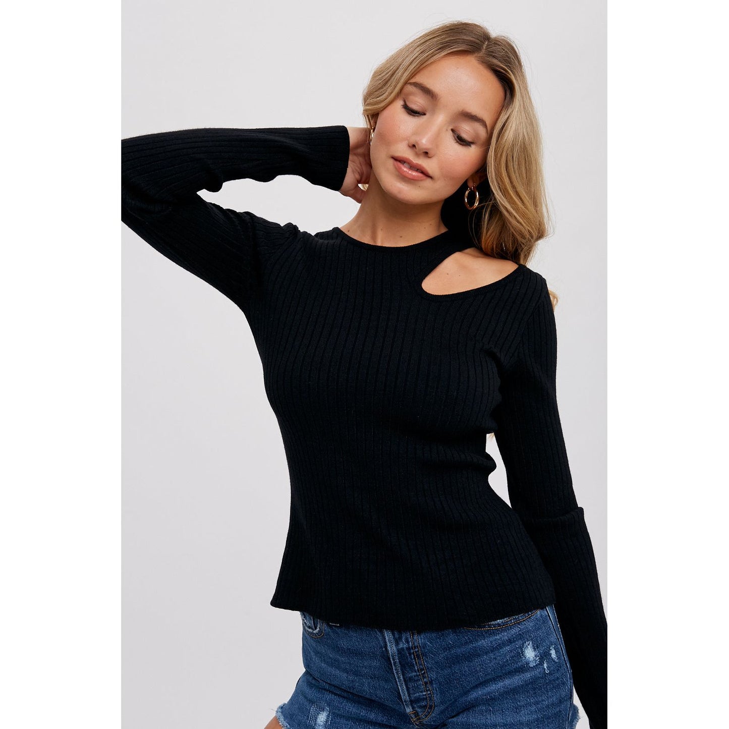 Cutout Shoulder Ribbed Top