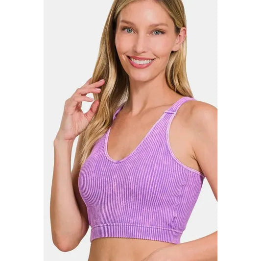 Washed Ribbed Cropped Racerback Tank Top W Bra Pads