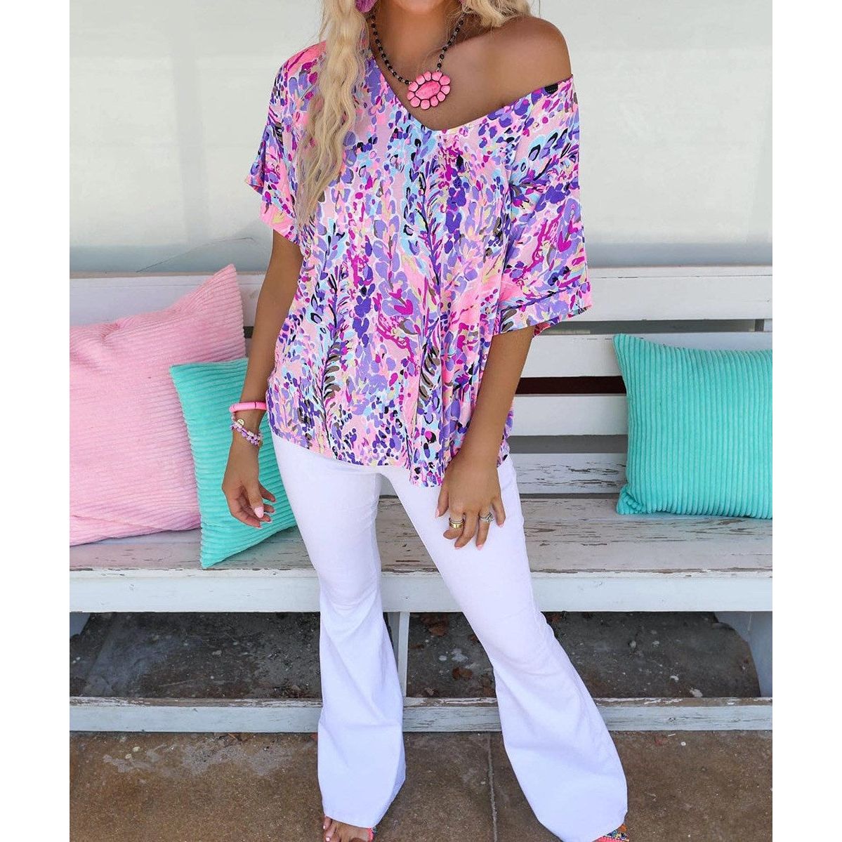V Neck Short Sleeve Abstract Floral Top