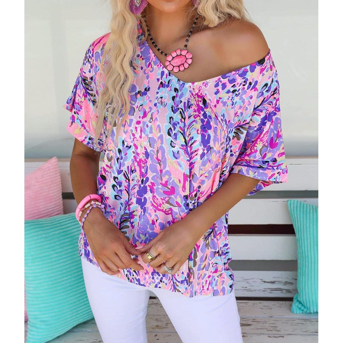V Neck Short Sleeve Abstract Floral Top