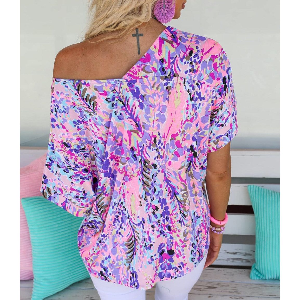 V Neck Short Sleeve Abstract Floral Top