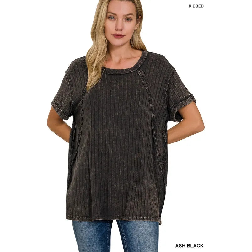 Acid Washed Ribbed Short Sleeve Boat-Neck Top