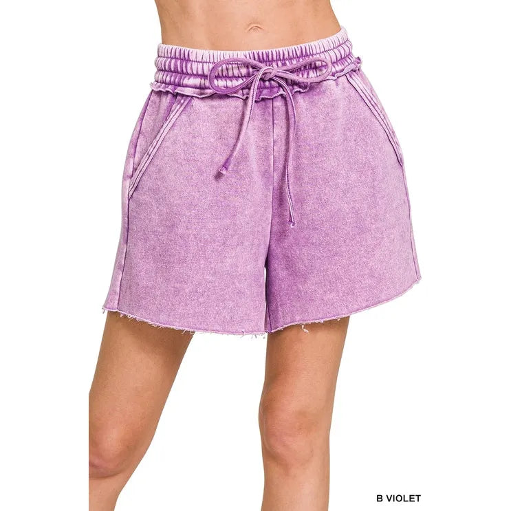 Acid Wash Fleece Drawstring Shorts with Pockets