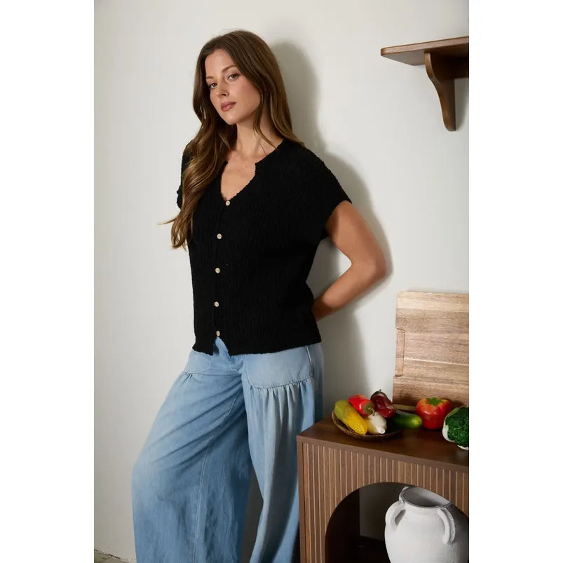 Cozy Short Sleeve Button Down Knit Sweater