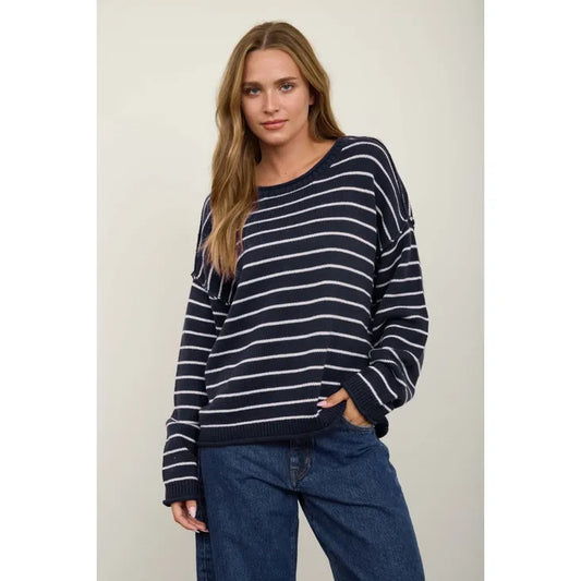 Cream Striped Drop Shoulder Crew Neck Sweater