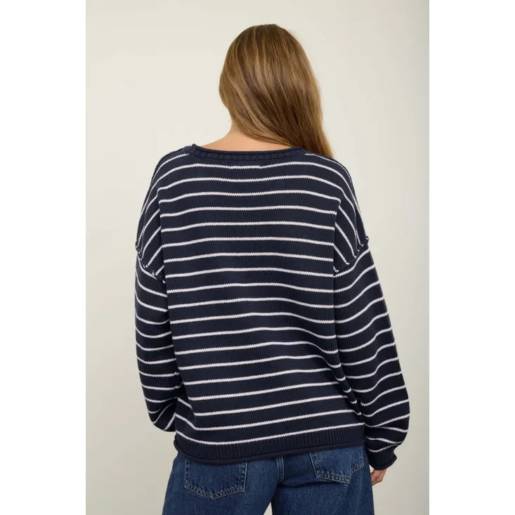 Cream Striped Drop Shoulder Crew Neck Sweater
