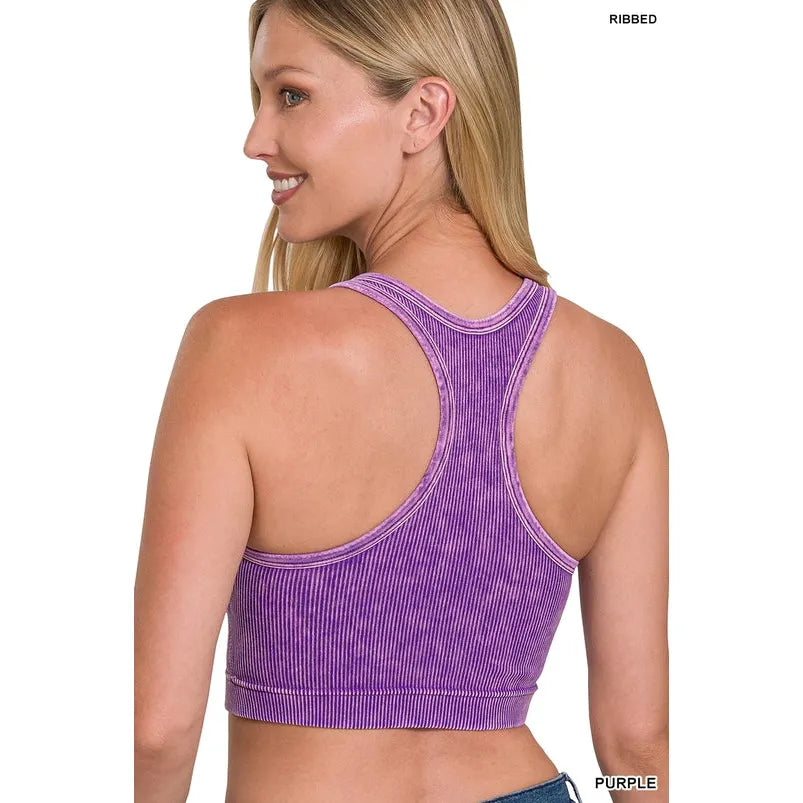 Washed Ribbed Cropped Racerback Tank Top W Bra Pads