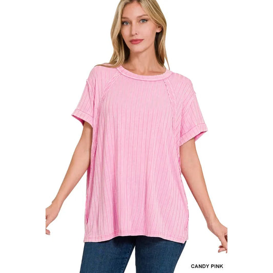 Acid Washed Ribbed Short Sleeve Boat-Neck Top