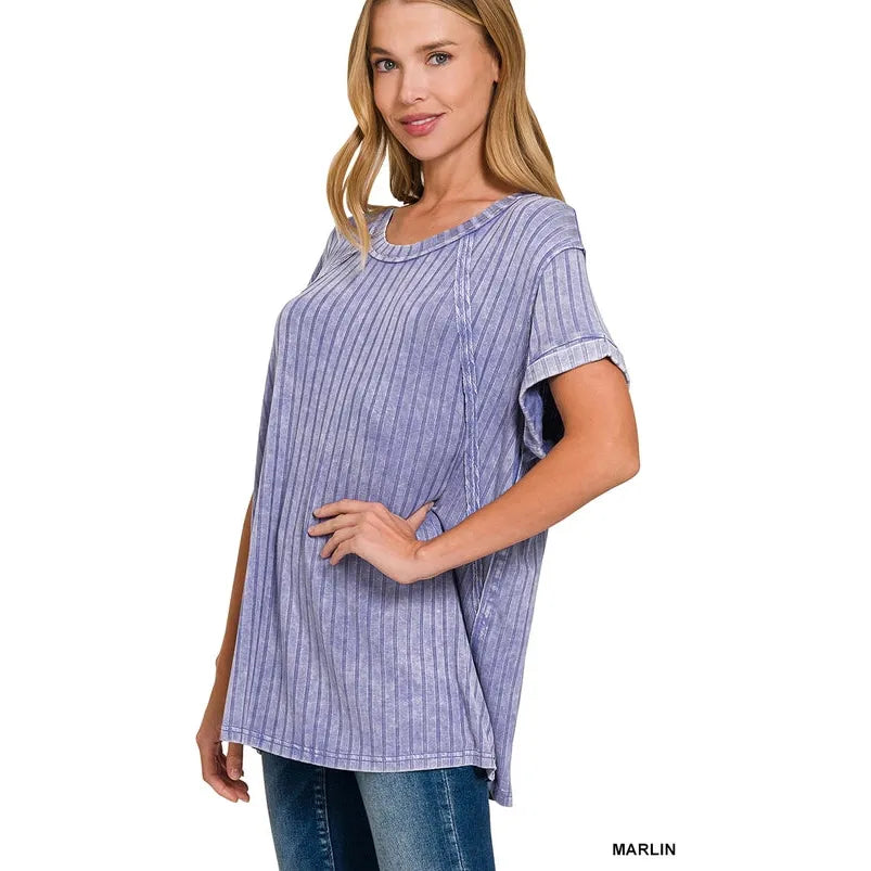 Acid Washed Ribbed Short Sleeve Boat-Neck Top
