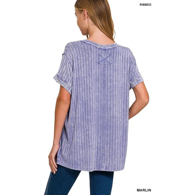Acid Washed Ribbed Short Sleeve Boat-Neck Top