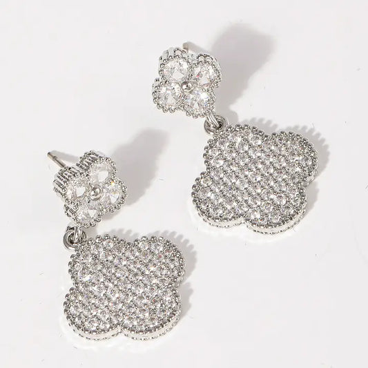 Cz Pave Clovers 14k Gold Plated Post Earrings