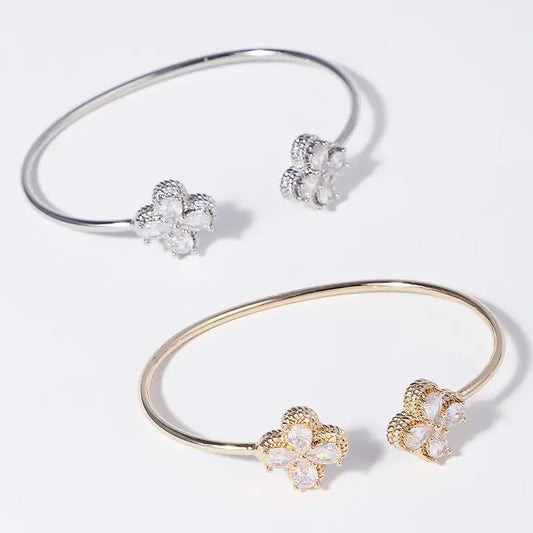 Cz 4-Leaf Clover Edge Solid Cuff Bangle Bracelet