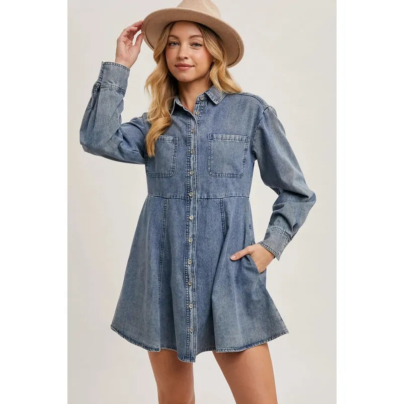 Denim Button Down Shirt A-Line Dress