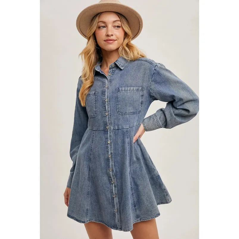 Denim Button Down Shirt A-Line Dress