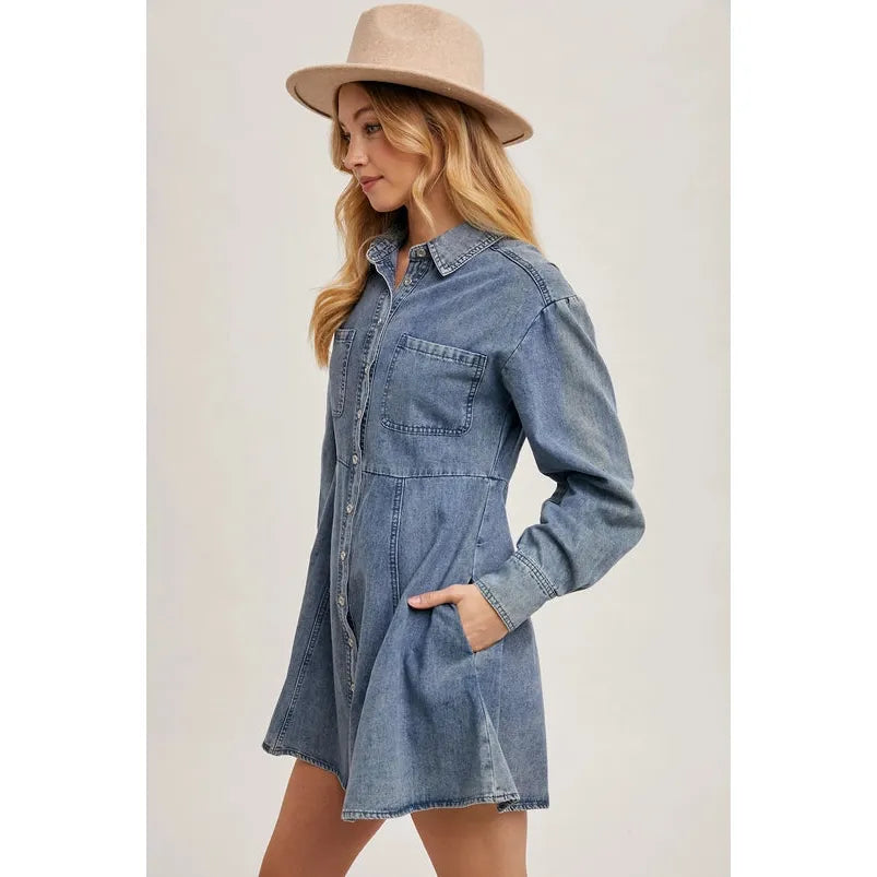 Denim Button Down Shirt A-Line Dress