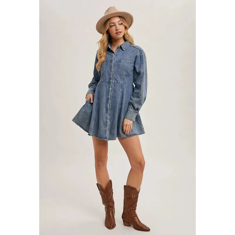 Denim Button Down Shirt A-Line Dress