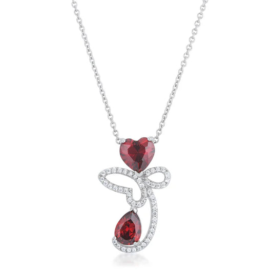 Garnet CZ Rhodium Abstract Heart Drop Necklace