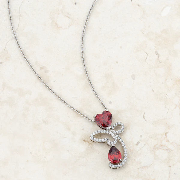 Garnet CZ Rhodium Abstract Heart Drop Necklace