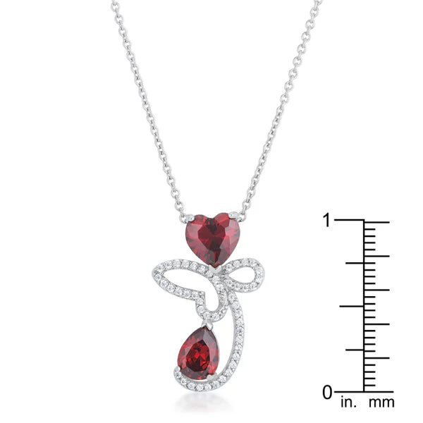 Garnet CZ Rhodium Abstract Heart Drop Necklace