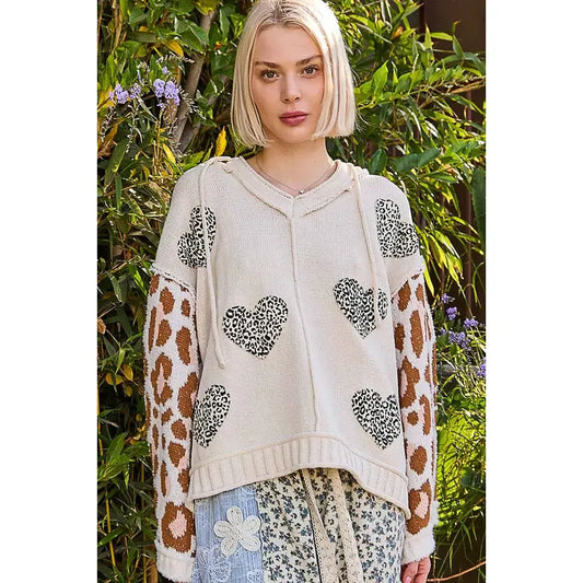 Oversize Animal Print Sleeve Heart Patch Sweater