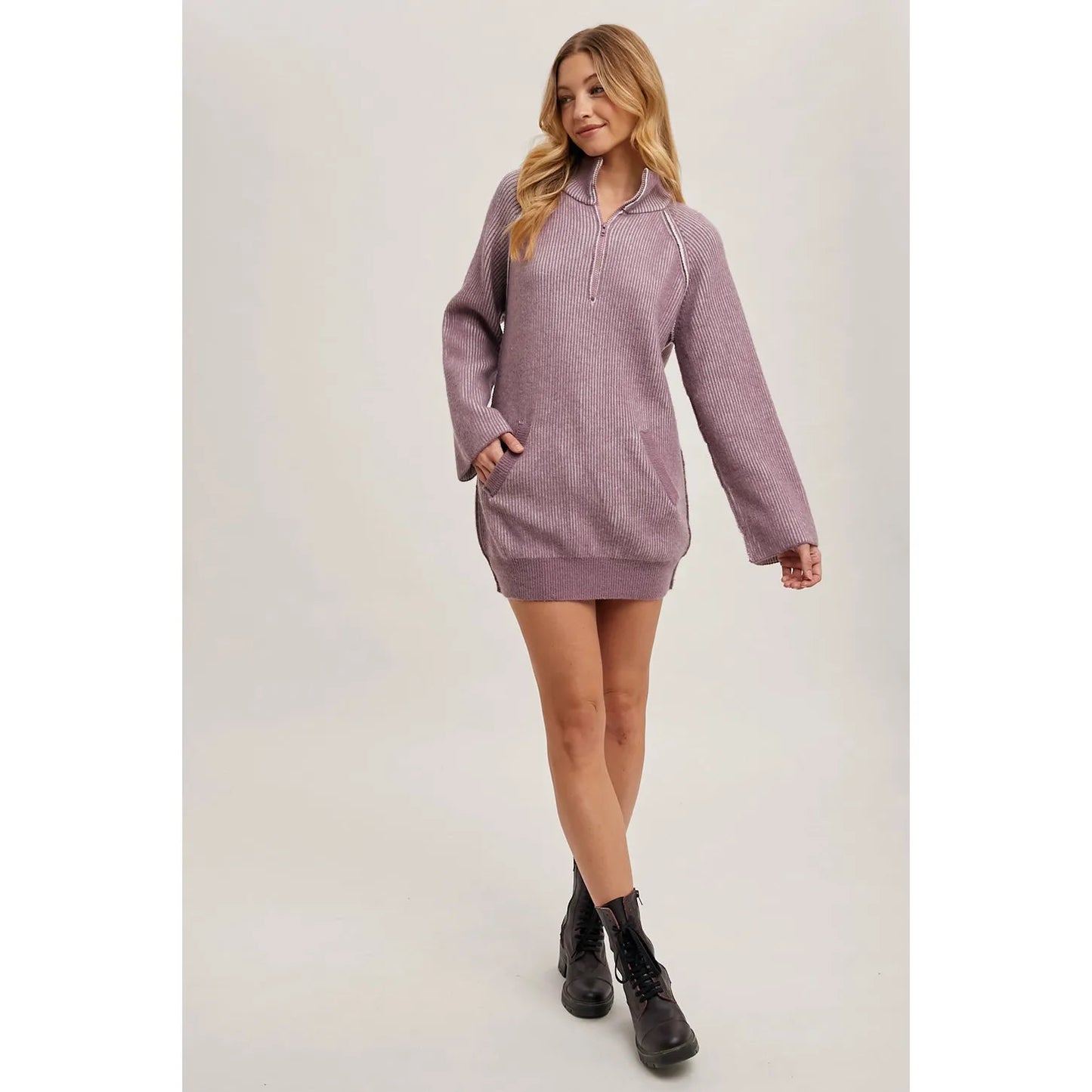 Half Zipper Two-Tone Ribbed Knit Sweater Tunic