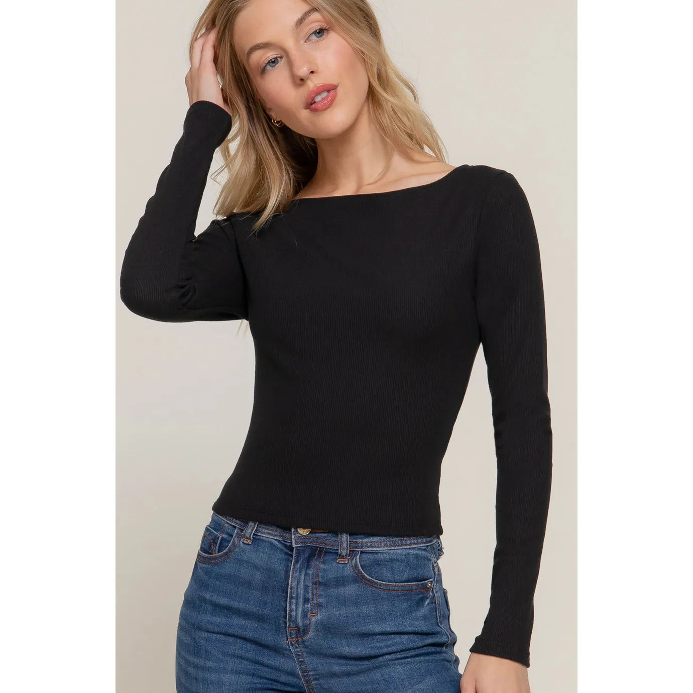Long Sleeve Boat Neck Brushed Rib Knit Top