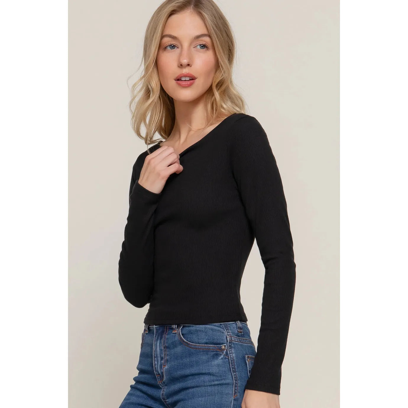 Long Sleeve Boat Neck Brushed Rib Knit Top