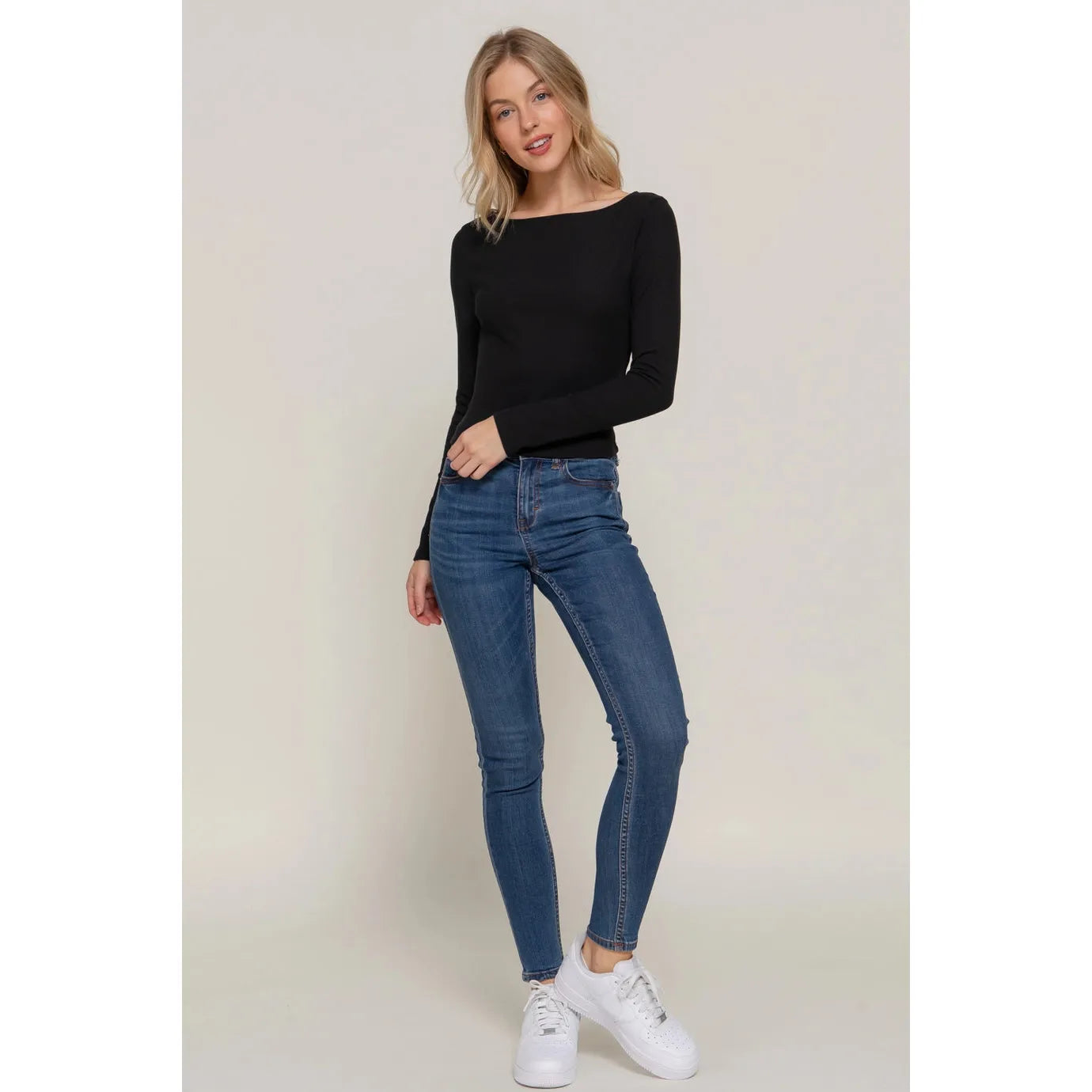 Long Sleeve Boat Neck Brushed Rib Knit Top