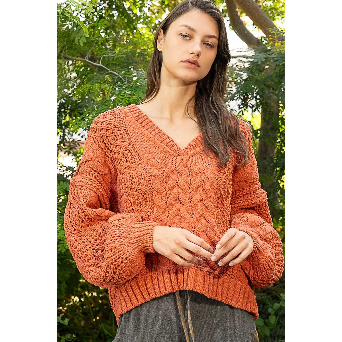 V-Neck Semi Cropped Top in Chenille Sweater Sale