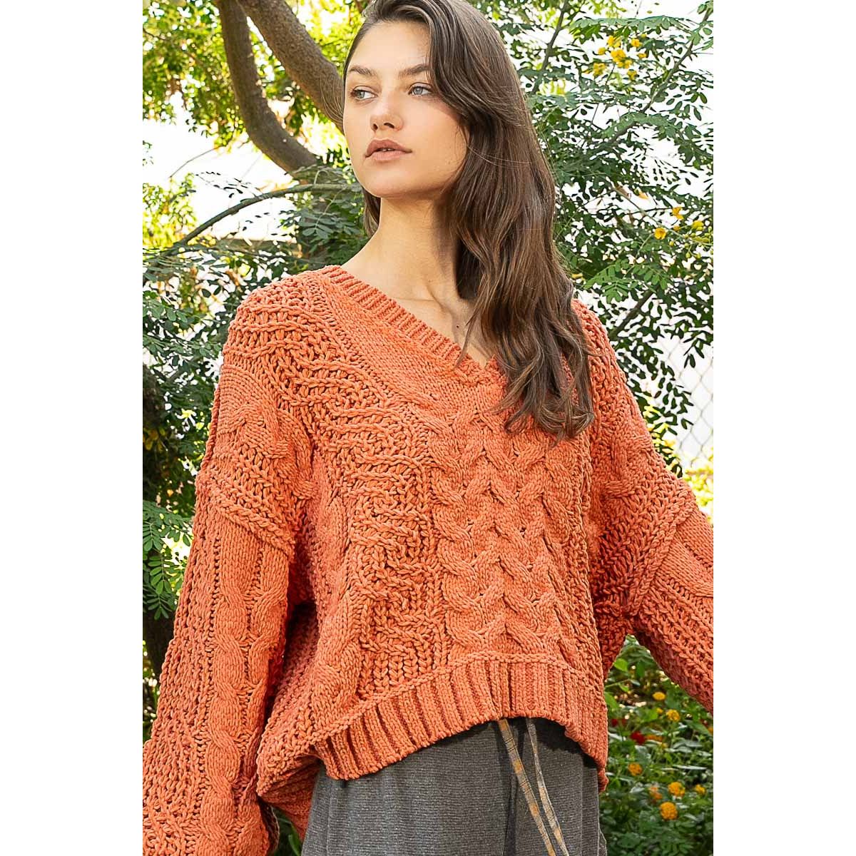 V-Neck Semi Cropped Top in Chenille Sweater Sale