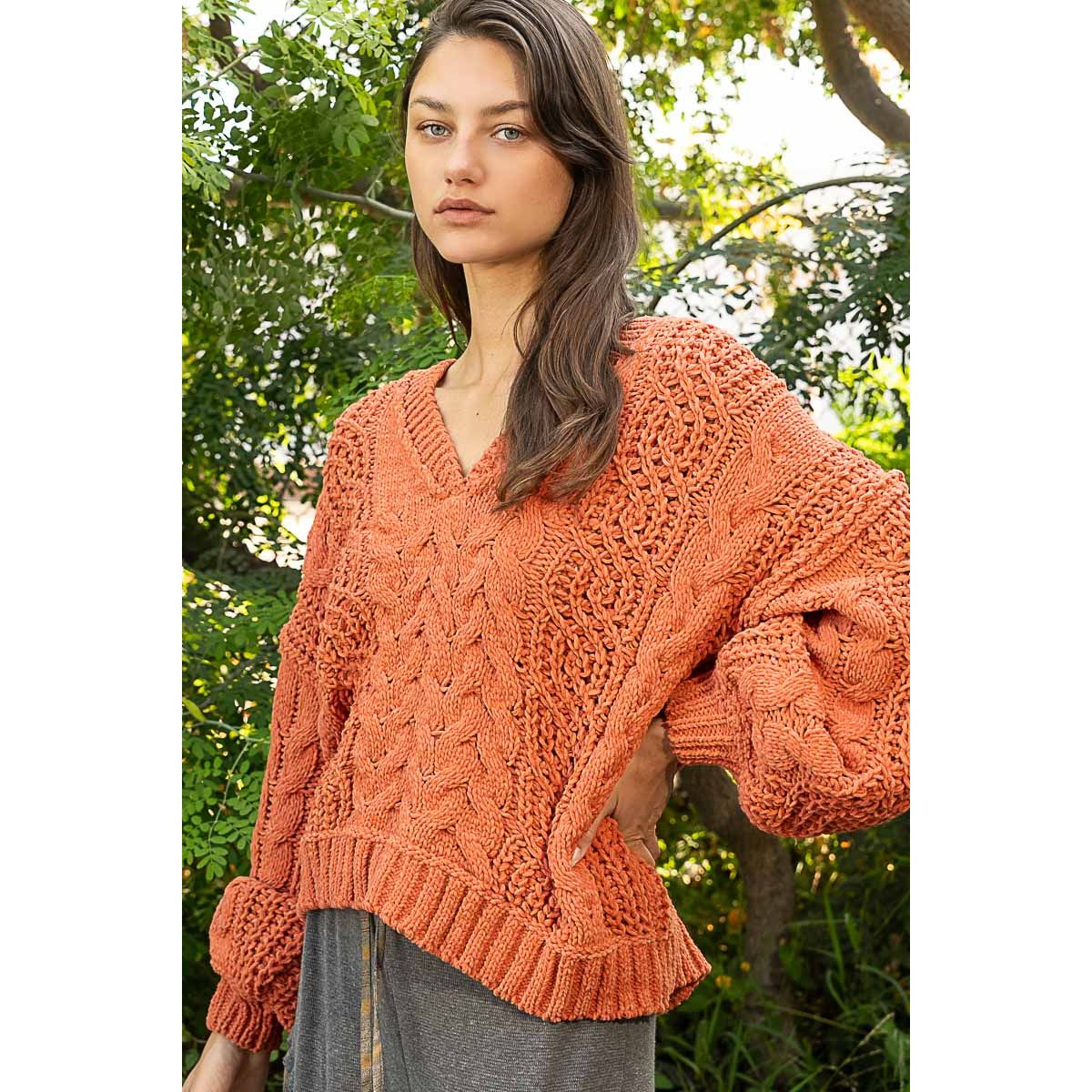 V-Neck Semi Cropped Top in Chenille Sweater Sale