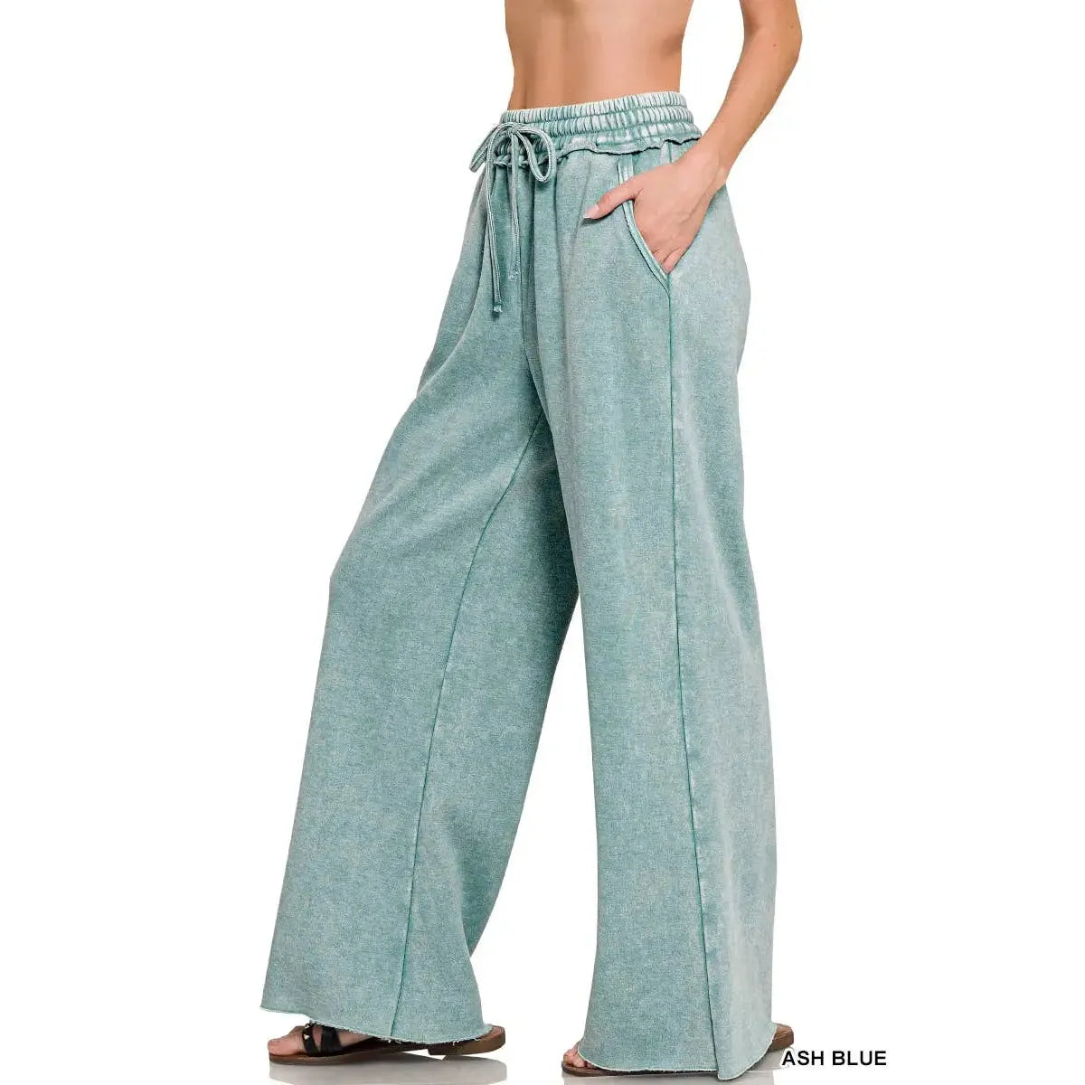 Acid Wash Fleece Palazzo Sweatpants with Pockets