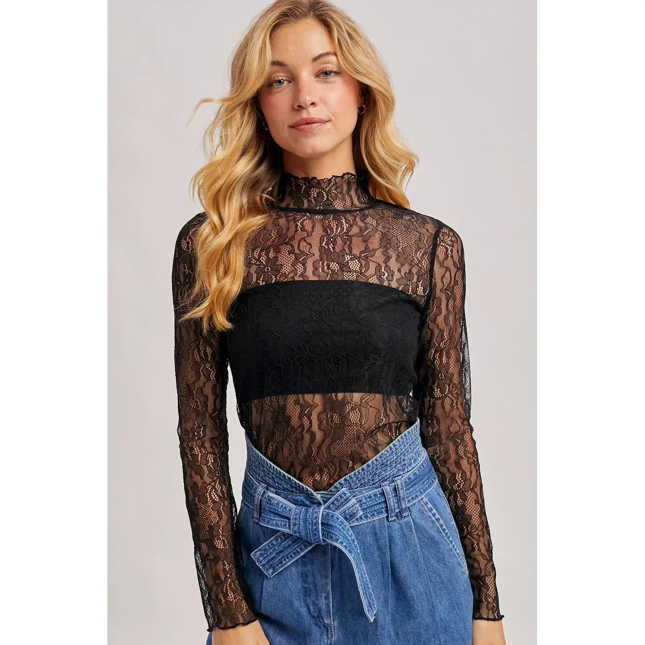 Elegant Long-Sleeved Mock Neck Lace Top with No Lining