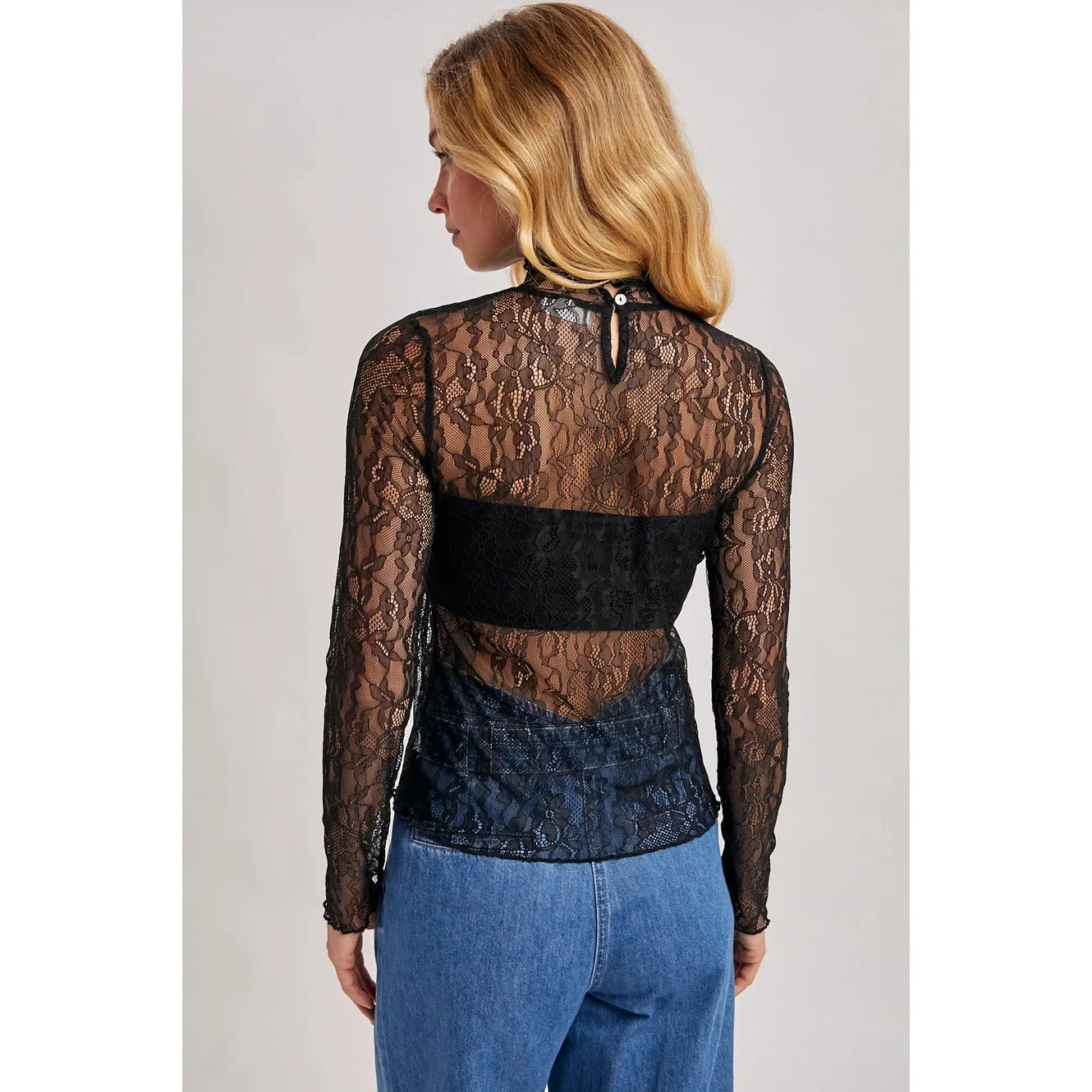 Elegant Long-Sleeved Mock Neck Lace Top with No Lining