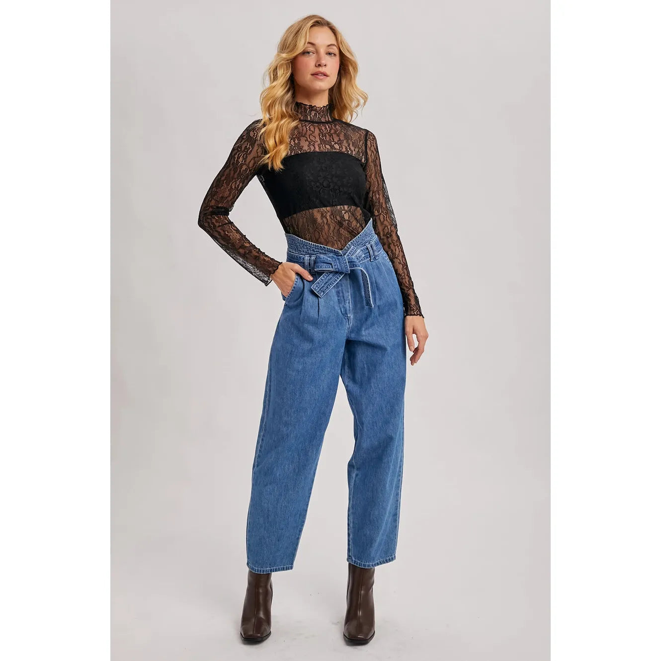 Elegant Long-Sleeved Mock Neck Lace Top with No Lining