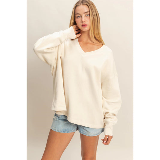 Oversized V-Neck Sweatshirt with Raw Edge Detail