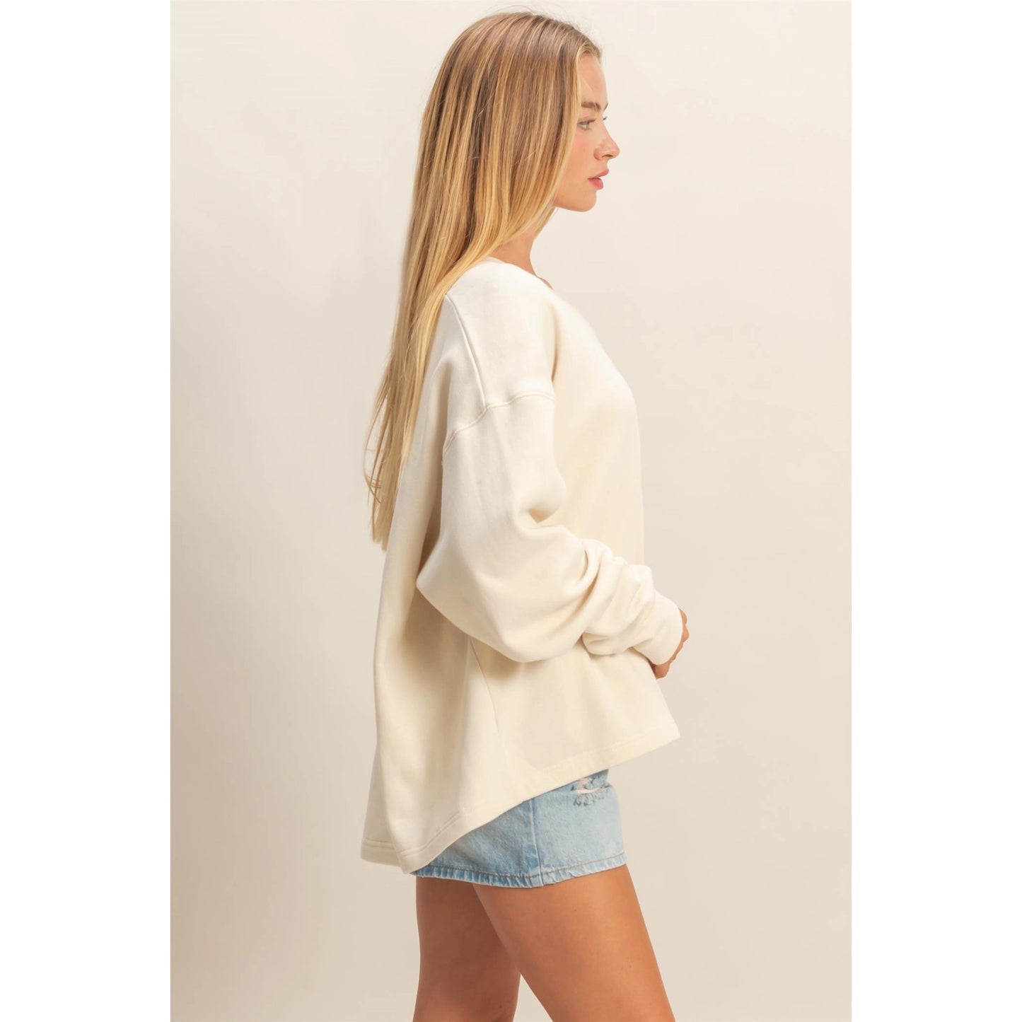 Oversized V-Neck Sweatshirt with Raw Edge Detail
