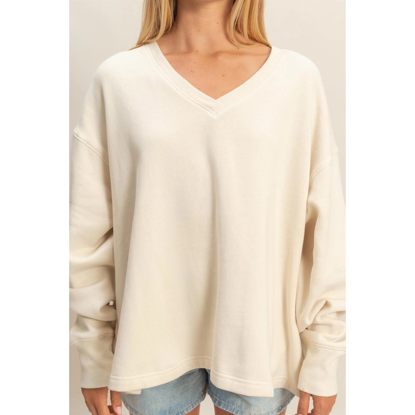 Oversized V-Neck Sweatshirt with Raw Edge Detail