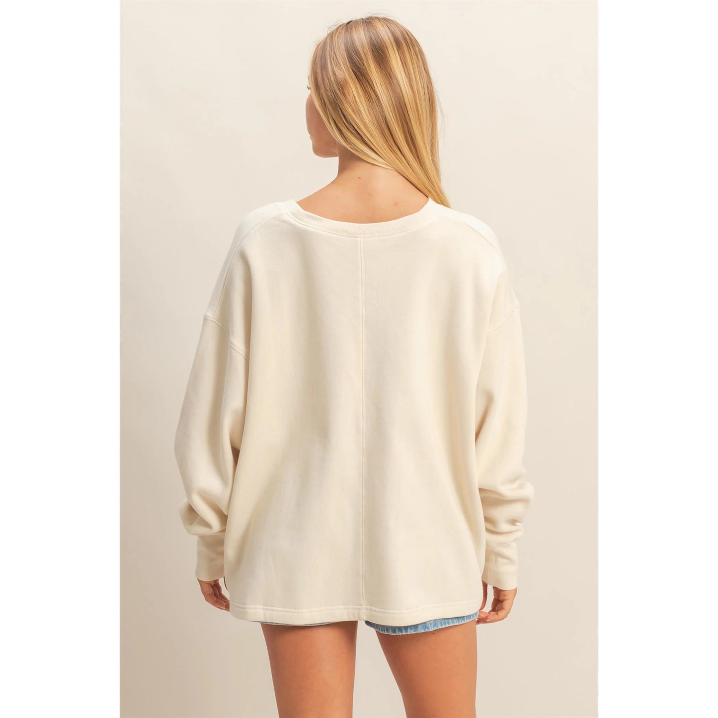 Oversized V-Neck Sweatshirt with Raw Edge Detail