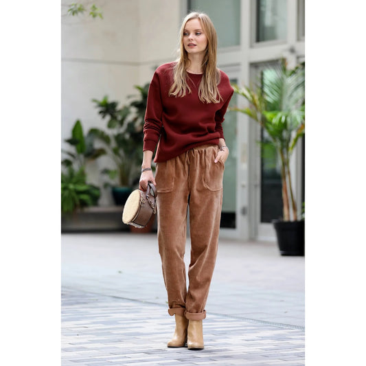 Corduroy Drawstring Cuffed Pants with Pockets