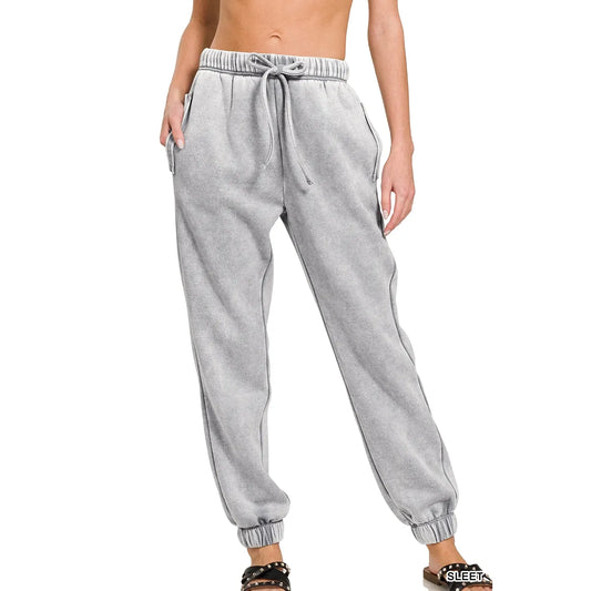 Acid Wash Fleece Sweatpants with Pockets