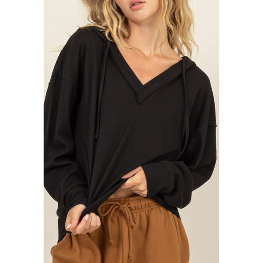 Relaxed Fit Notch Neck Ribbed Hoodie