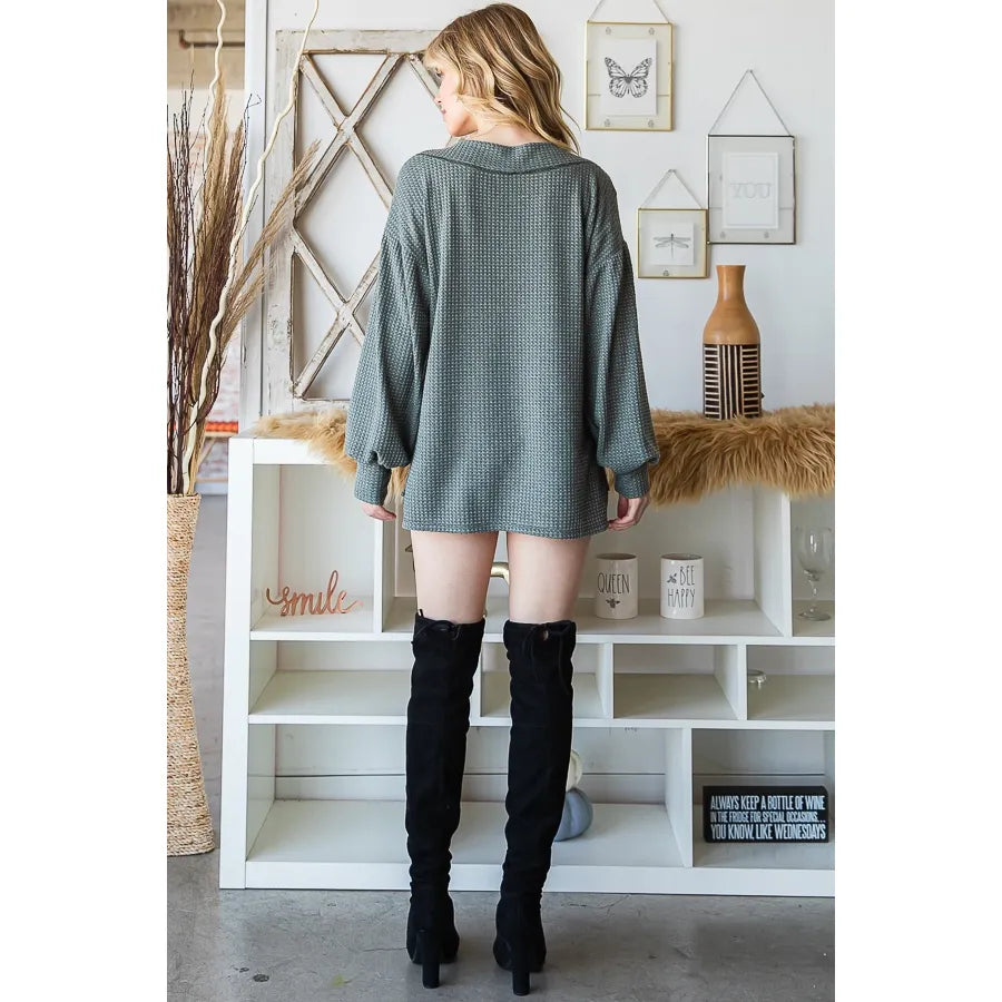 Waffle Knit V-Neck Heart Side Pocket Top